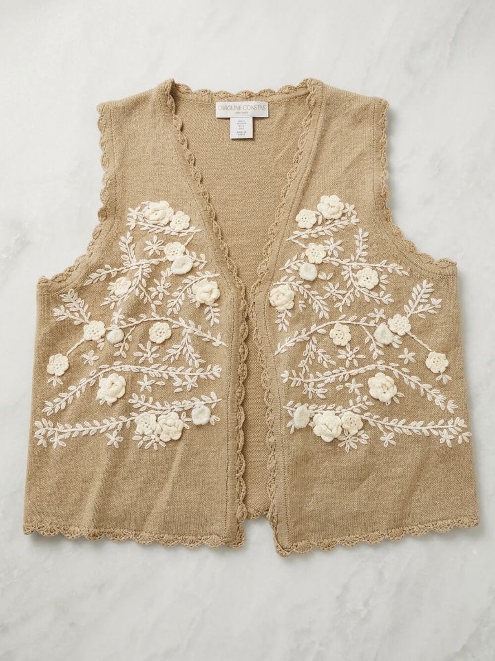 Caroline Constas Floral Crochet Appliqué Linen Blend Knit Vest Embroidered